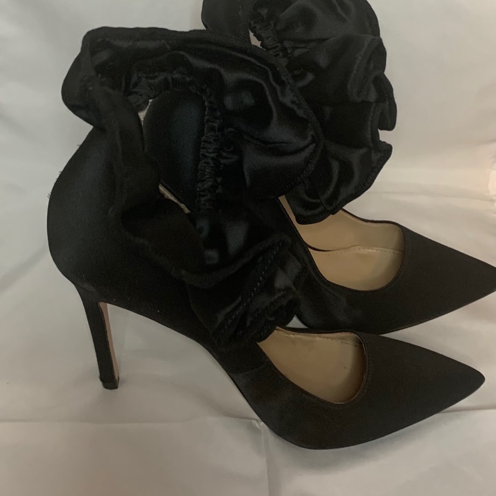 Black Satin Ankle Pump with Ruffled Ankle